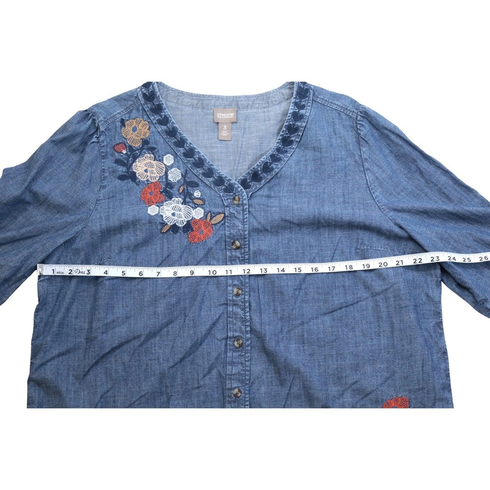 Embroidered Chambray Boho Floral Peasant Blouse Chicos Size 3 - Picture 5 of 8